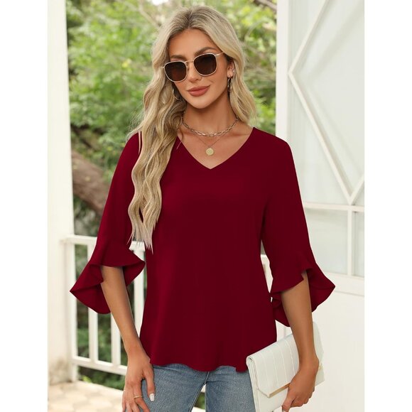 Chiffon Blouse Women Ruffle Sleeve V Neck Casual Dressy Top Medium - Picture 3 of 4